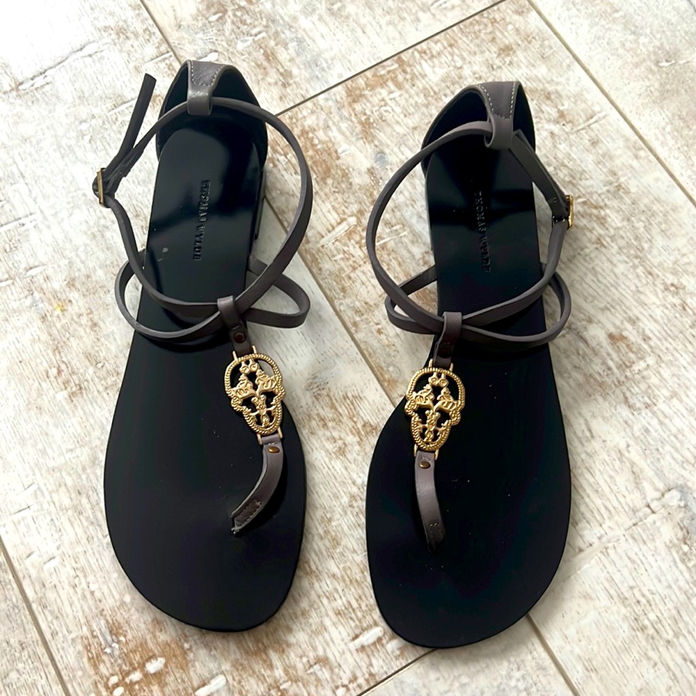 Thomas Wylde Grey Gold Skull Sandals Size 9